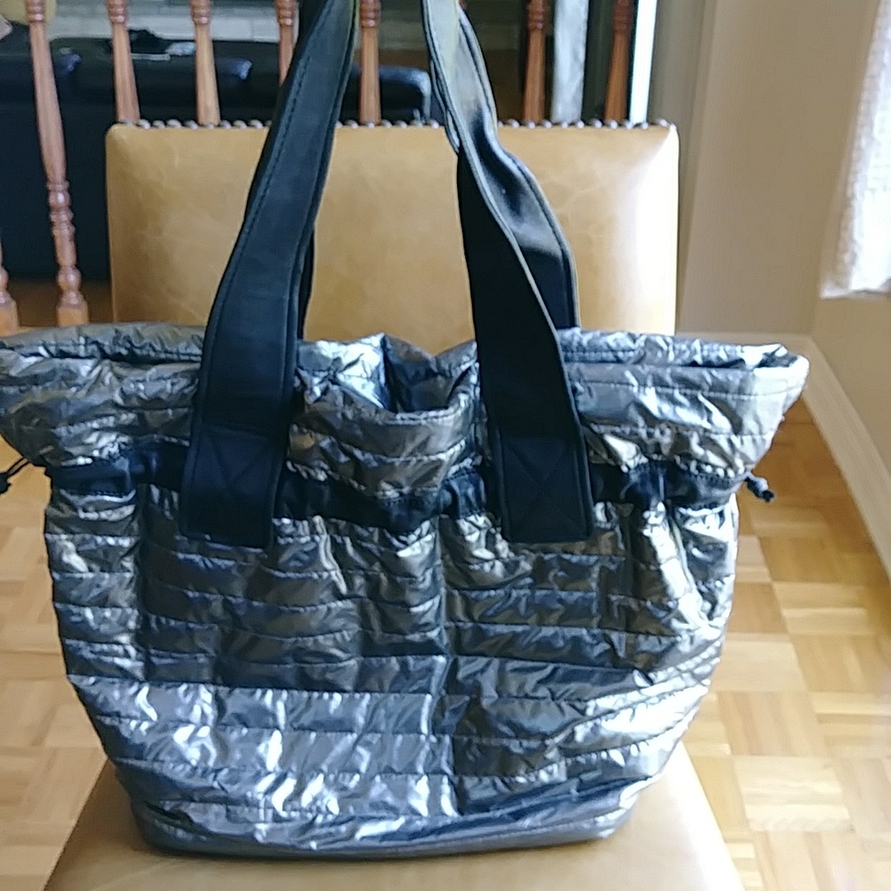 Kooba silver metallic puffer puffy quilted shoulder Travel Tote bag